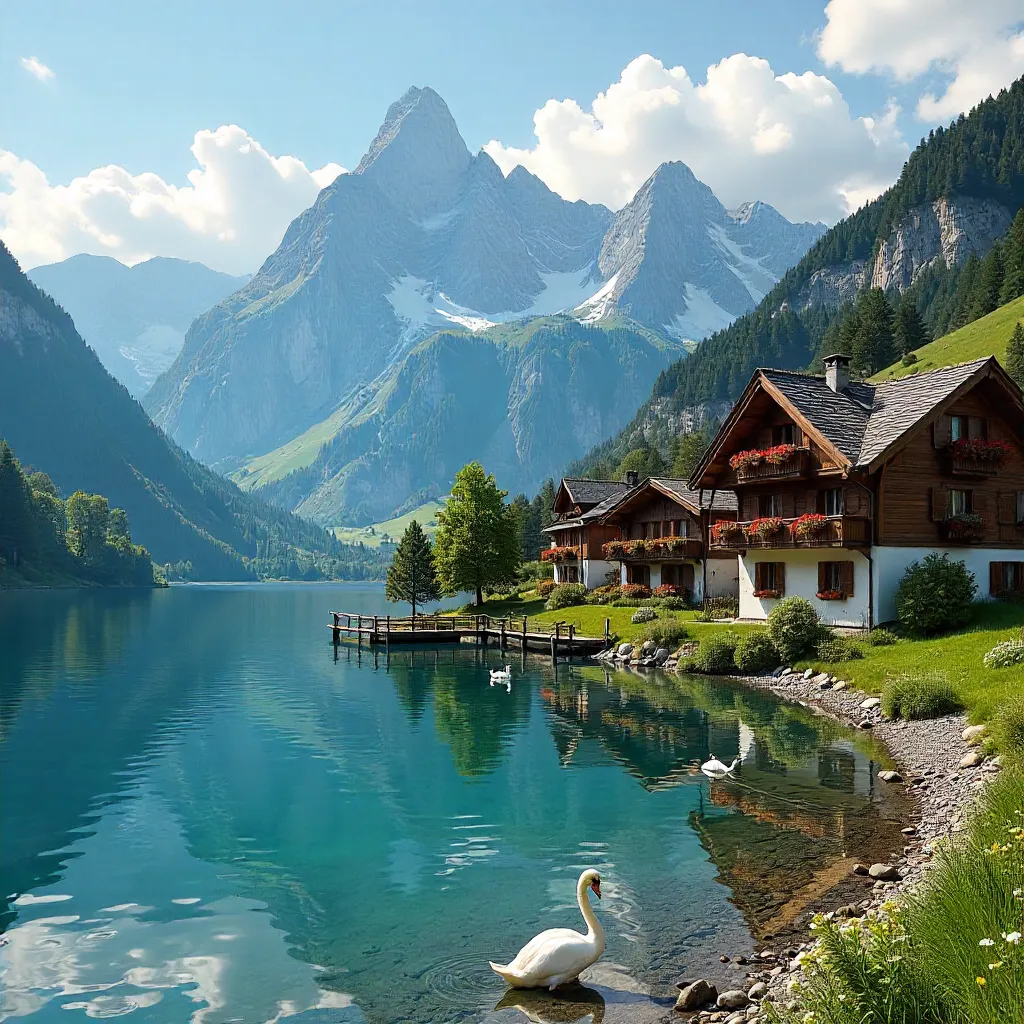 Alpine Summer: Lakeside Swiss Village with Peaks