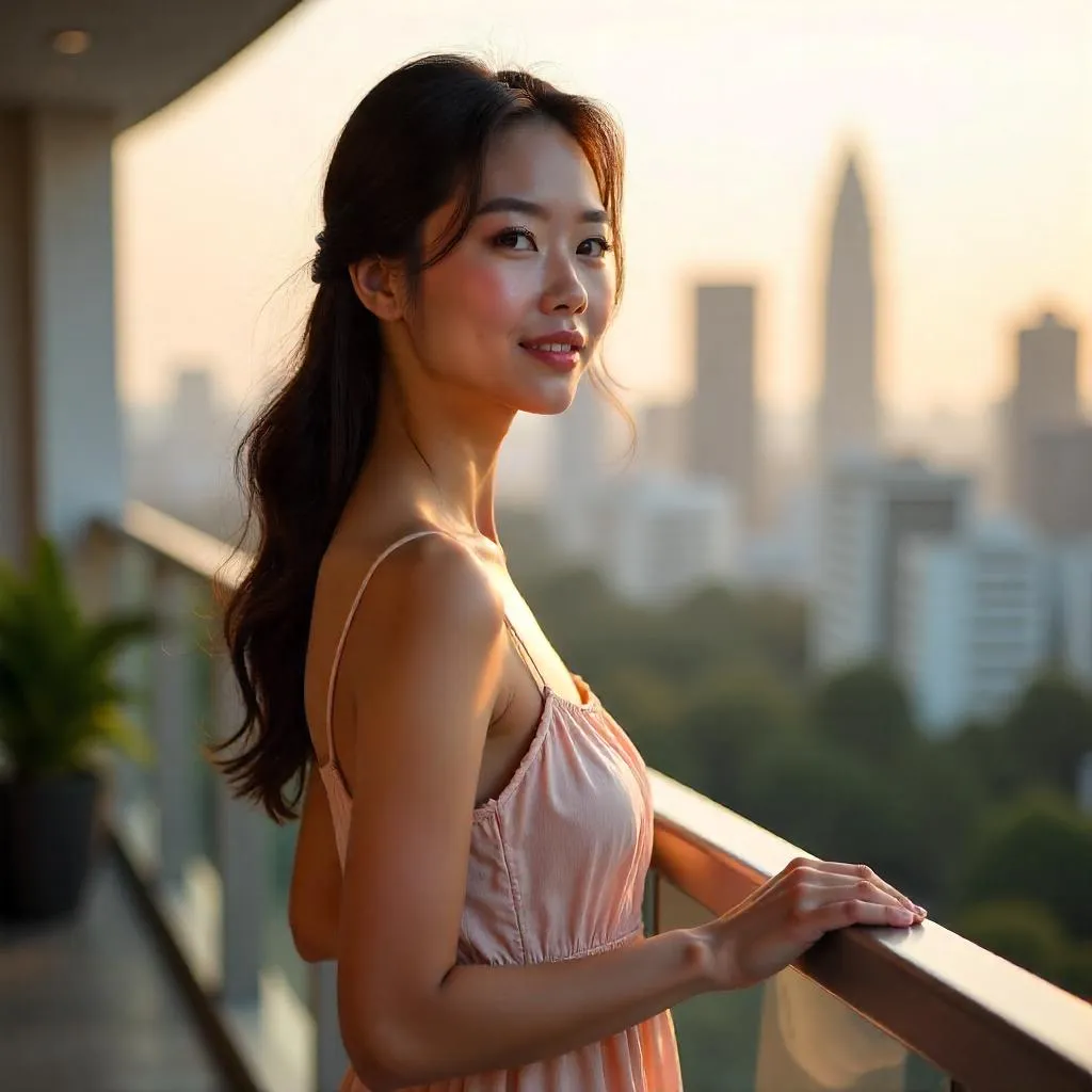 Golden Hour Balcony Portrait of an Asian Woman