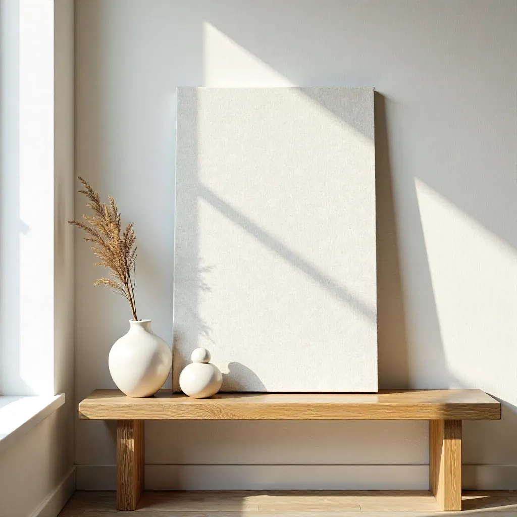 Minimalist Interior: Canvas and Vase on Wood Bench