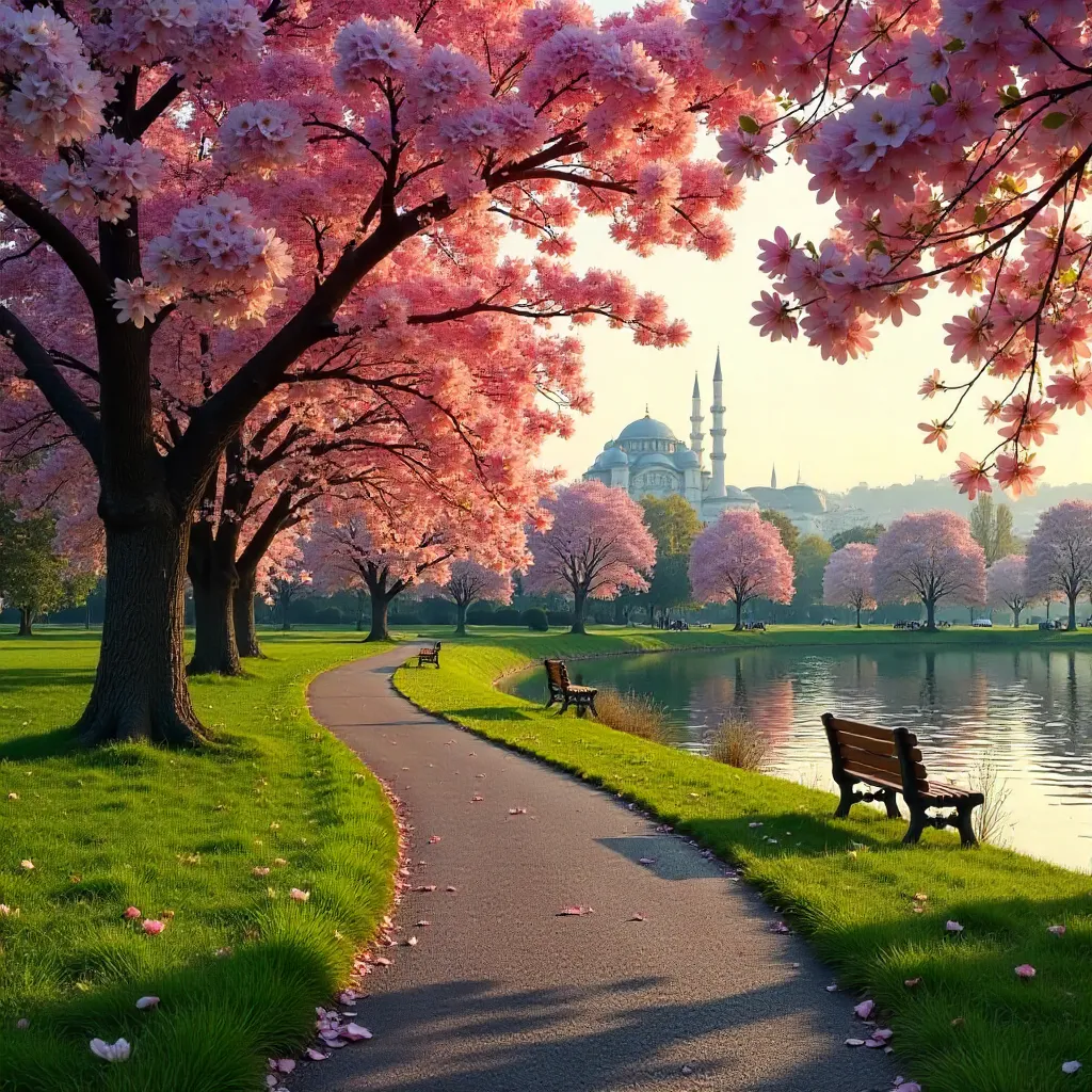 Tranquil Winding Path in a Blossoming Istanbul Park