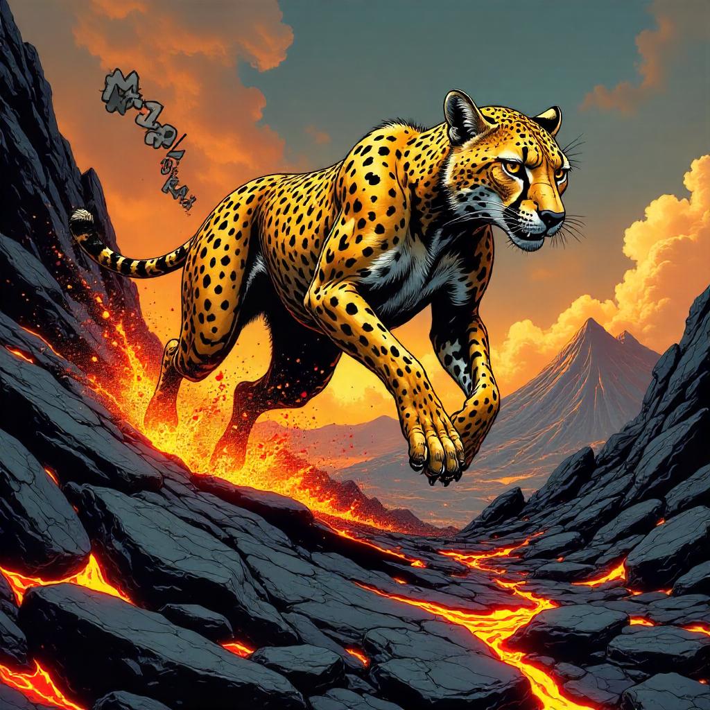 Comic-Style Cheetah on Volcanic Rocks
