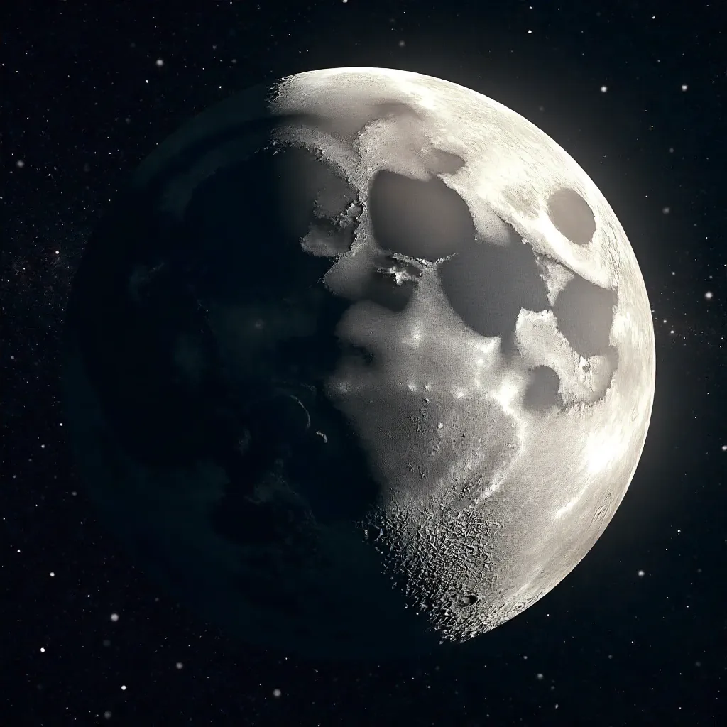 Hyper-detailed Waxing Gibbous Moon in Starry Night