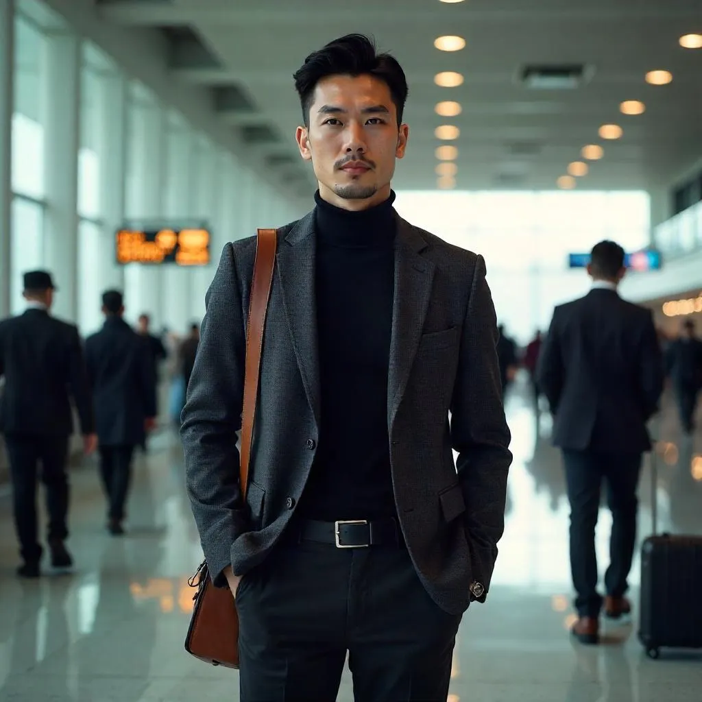 Stylish Asian Man in a Modern Airport Terminal