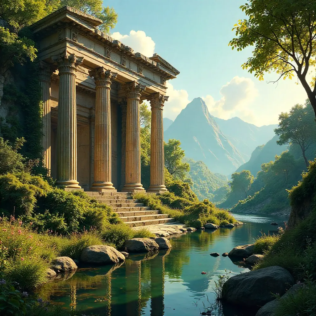 Sunlit Ancient Temple Ruins Embraced by Nature