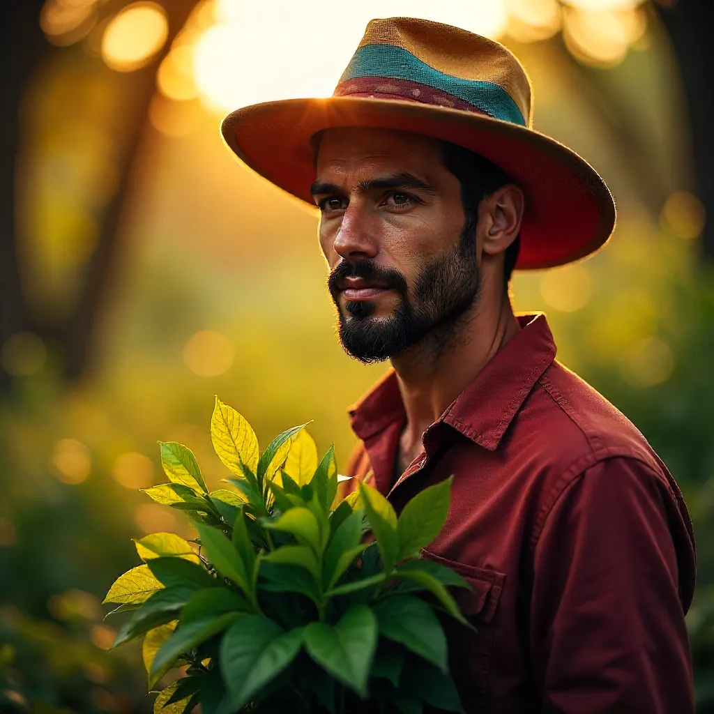 Man in a Vibrant Hat with Plant Under Golden Lighting