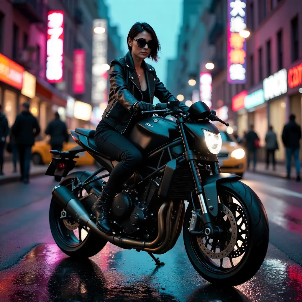 Confident Rider on Neon City Street