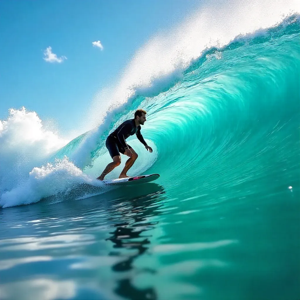 Thrilling Turquoise Wave Surfer Under a Bright Sky