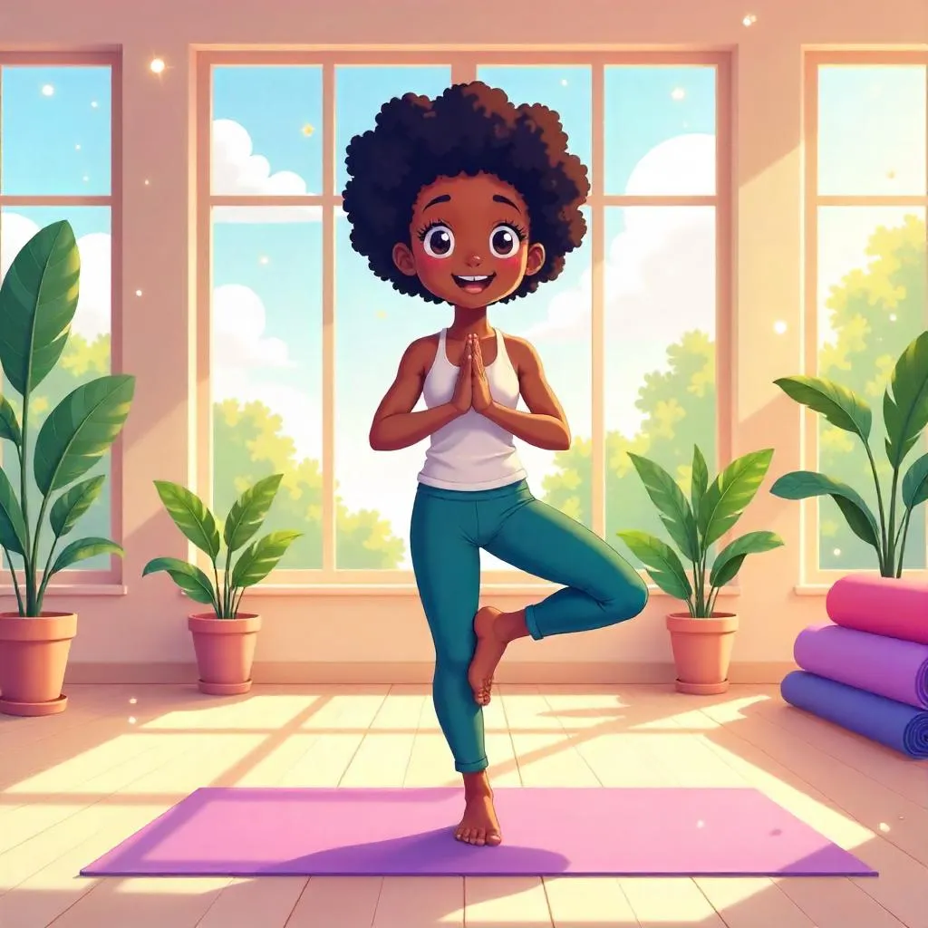 Cheerful Black Girl in an Anime Yoga Studio