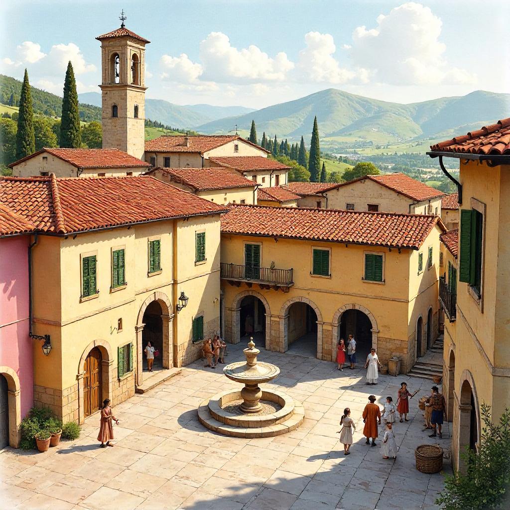 Watercolor Village in Renaissance Italy