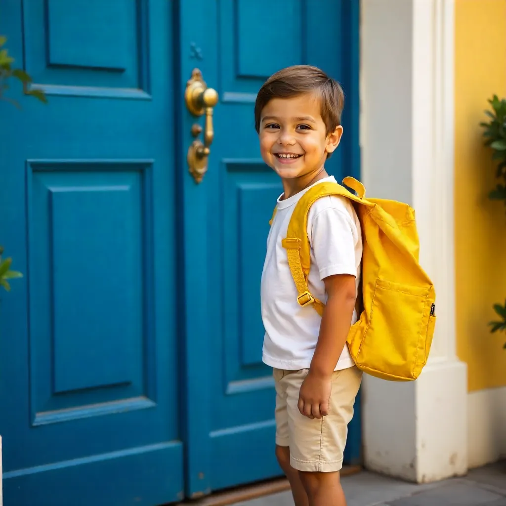 Cheerful Child by a Blue Door with Yellow Backpack