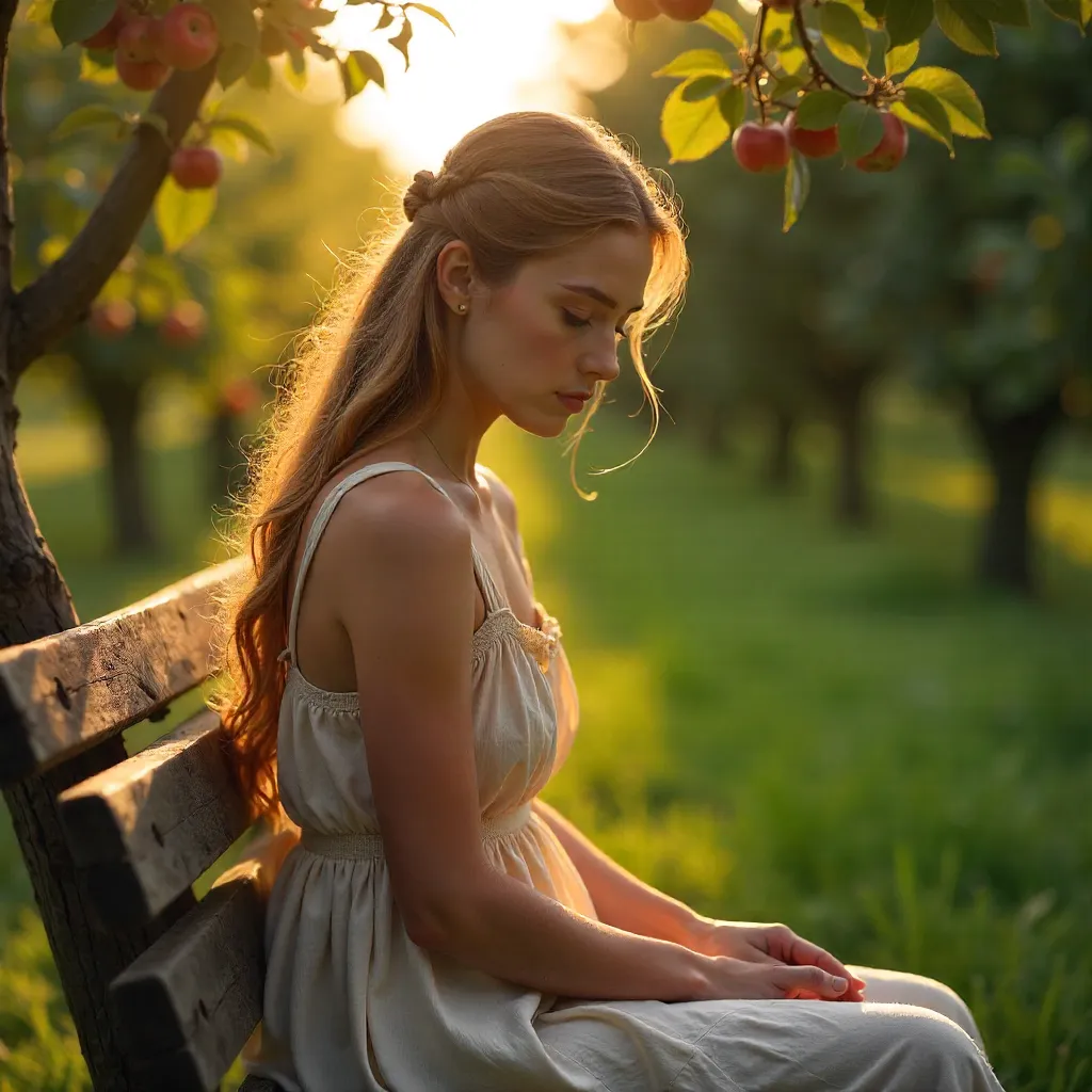 Sunlit Apple Orchard Reverie: A Pensive Moment