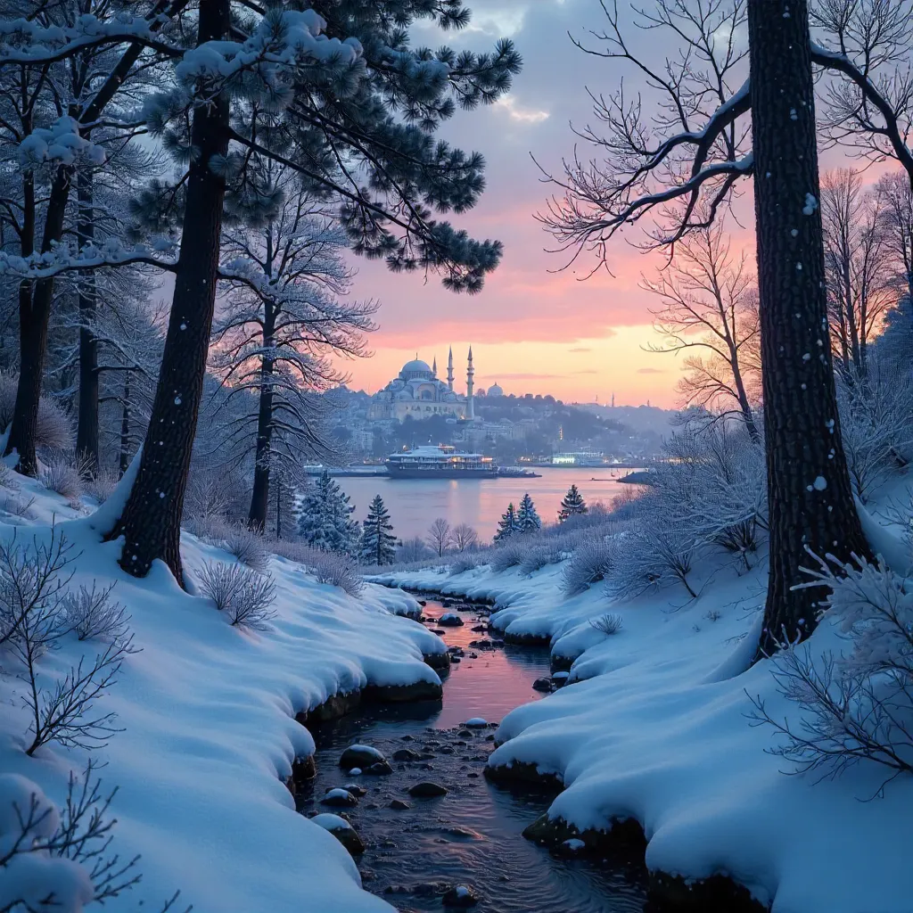 Serene Twilight Snowy Forest near Istanbul's Bosphorus