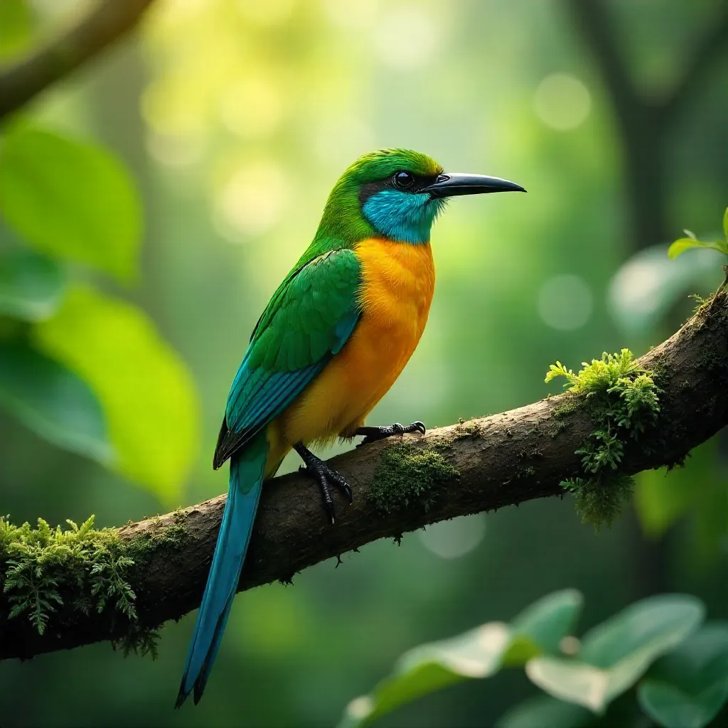 Bright Tropical Bird in a Lush Emerald Forest