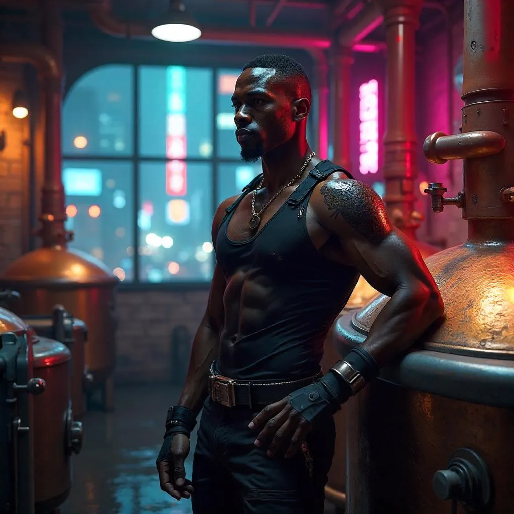 Neon Cyberpunk Brewer: Athletic Black Man