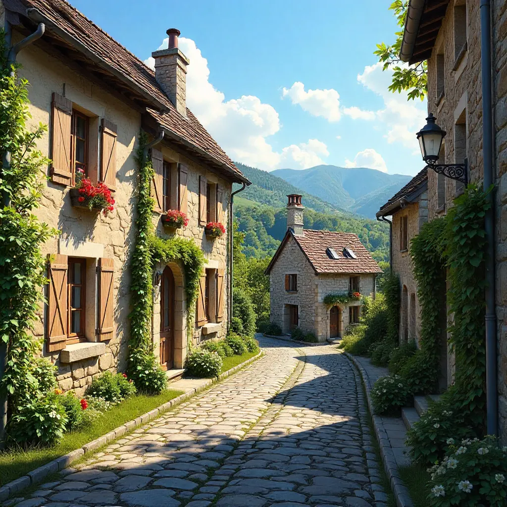 Rustic Stone Village Under a Blue Sky in Auvergne-Rhône-Alpes