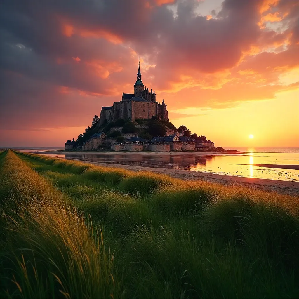 Sunset Over Mont Saint-Michel and Emerald Fields