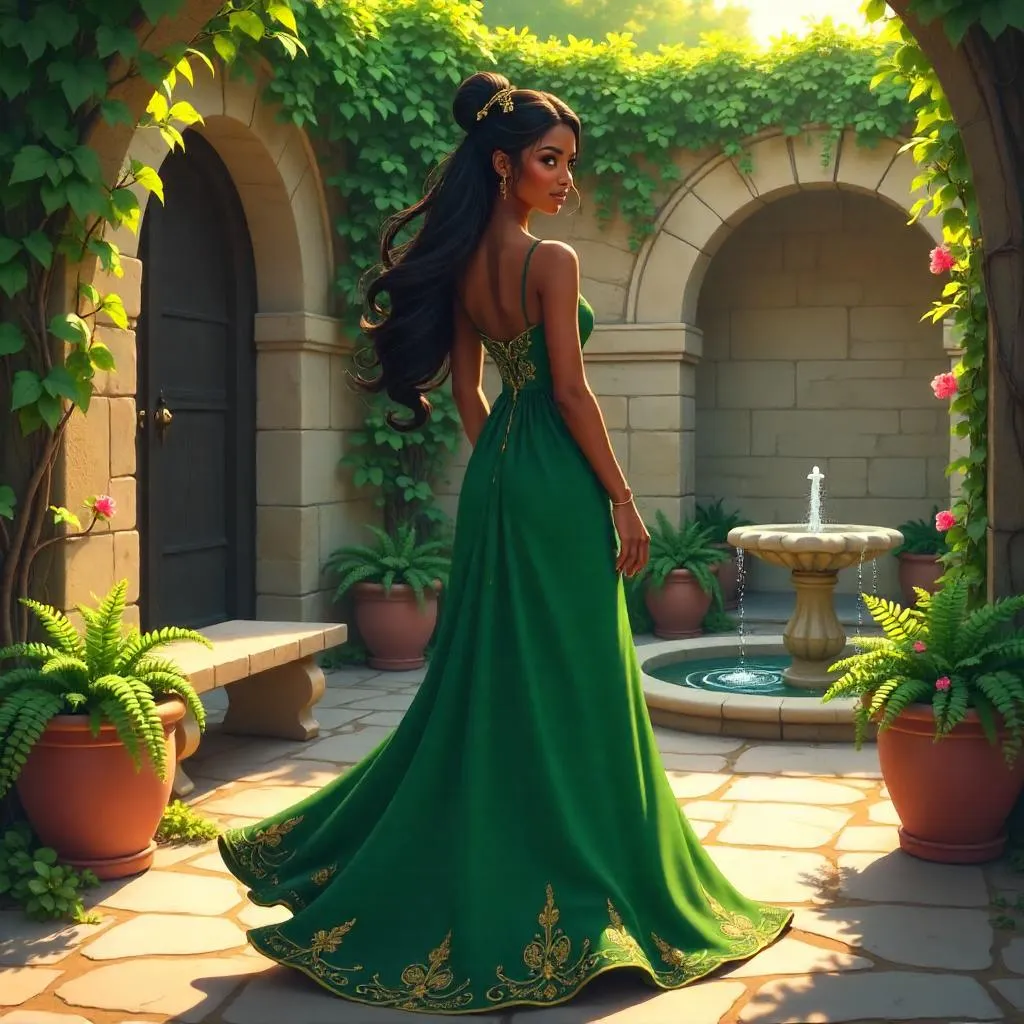 Elegant Black Girl in an Anime Courtyard