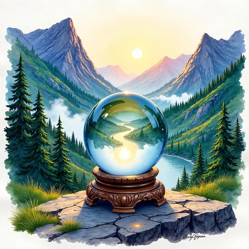 Crystal Ball in a Mountain Valley – Watercolor Dream