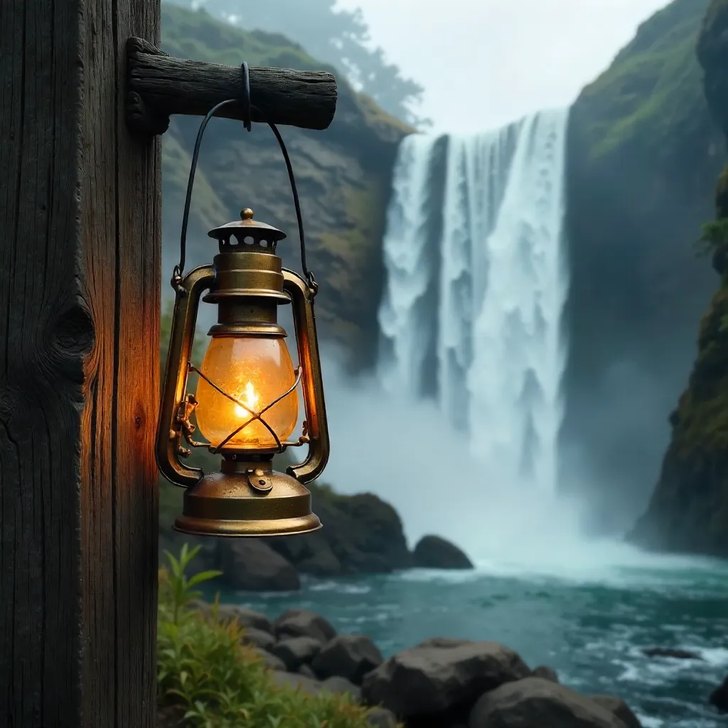 Vintage Lantern Beside a Moody Cloudy Waterfall