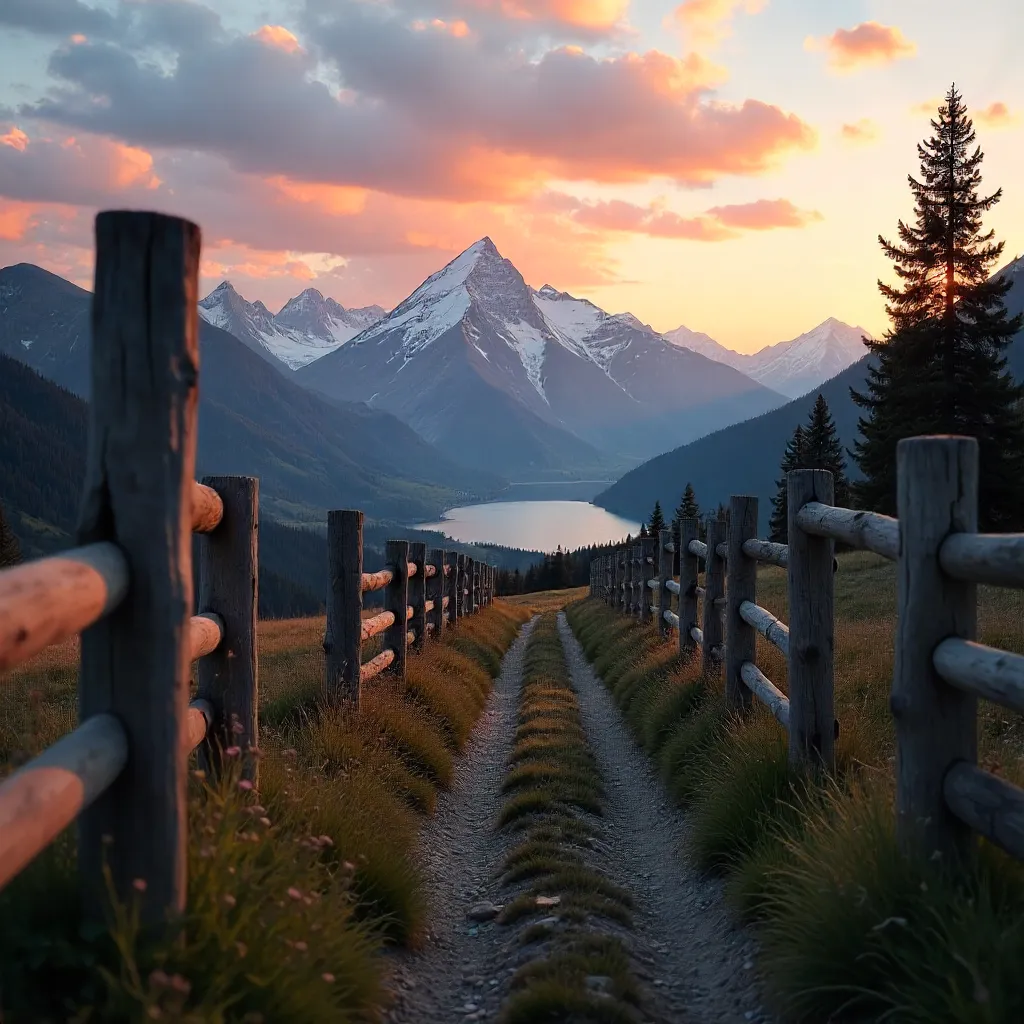 Peaceful Mountain Sunset Through a Rustic Fence