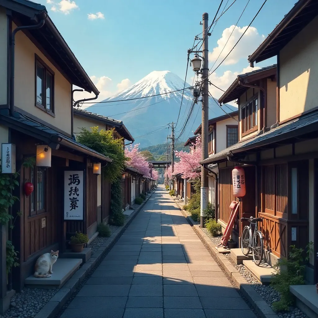 Tranquil Fujinomiya Street with Mount Fuji in the Background