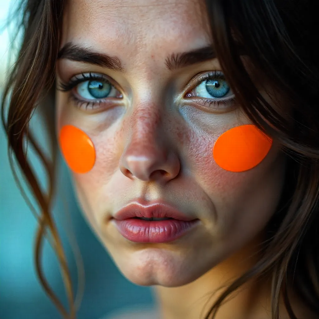Blue-Eyed Close-Up Portrait with Orange Stickers