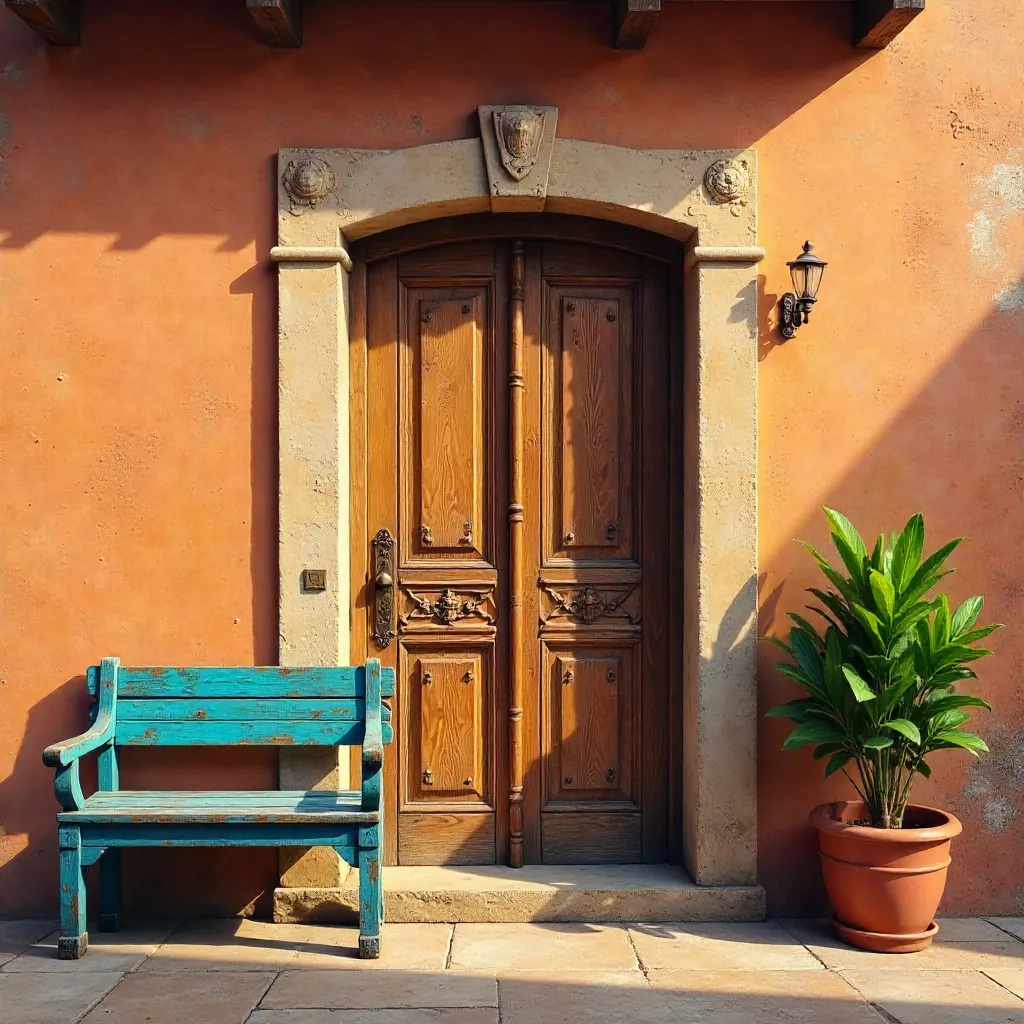 Charming Vintage Door with Terracotta Wall and Blue Bench