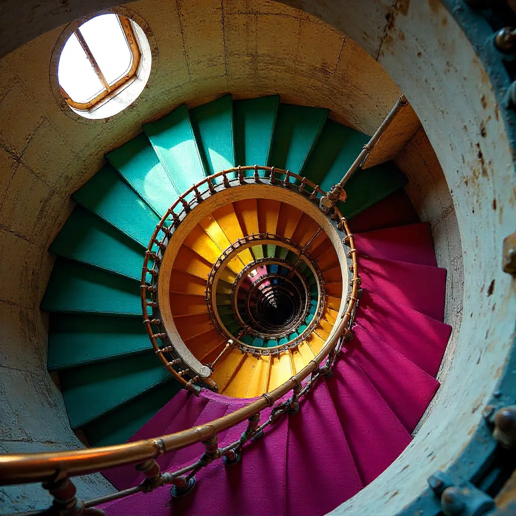 Vibrant Spiral Staircase in a Lighthouse