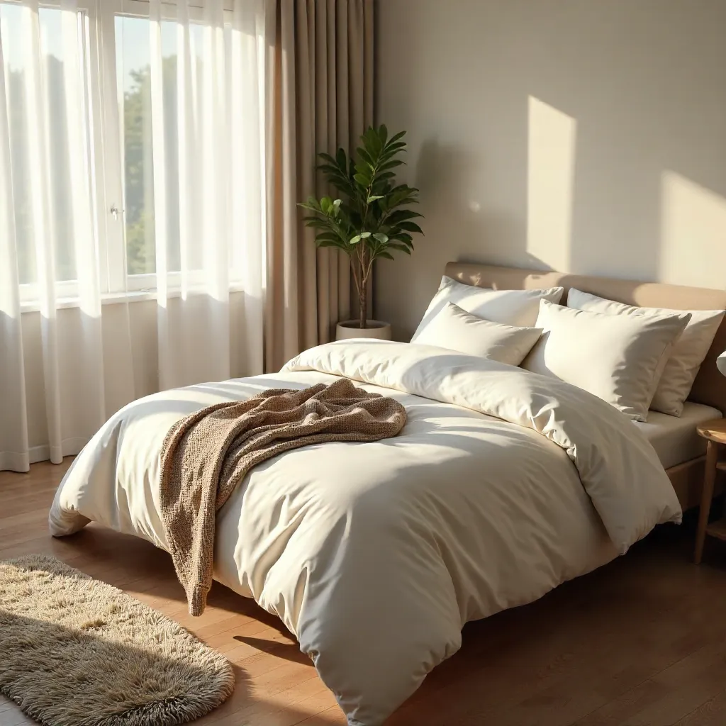 Inviting Bedroom: White Bedding and Beige Sweater