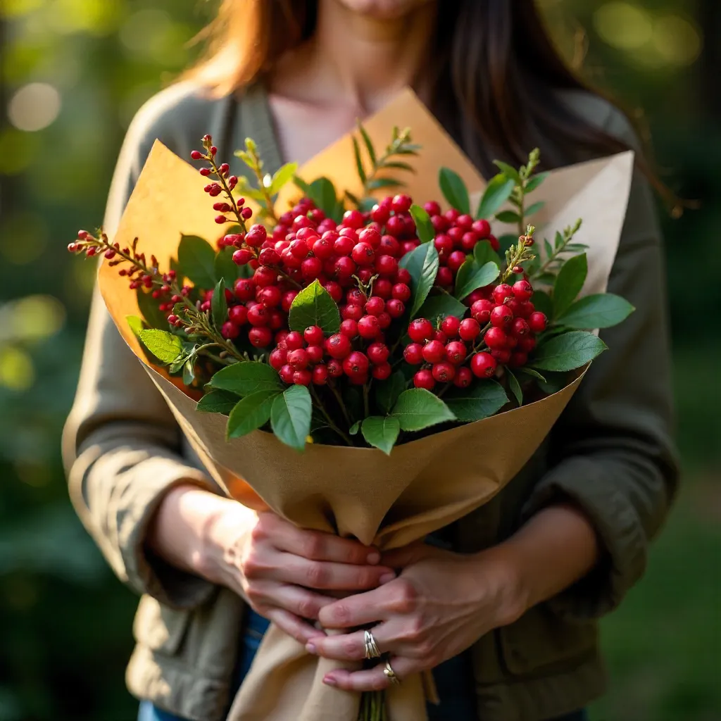 Autumn Portrait: Red Berry Bouquet in Brown Kraft Paper