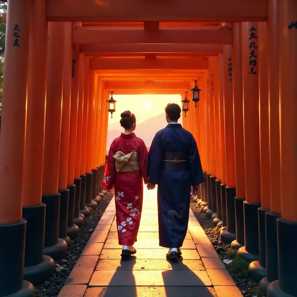 Kimono Couple Amid Torii Gates at Fushimi Inari