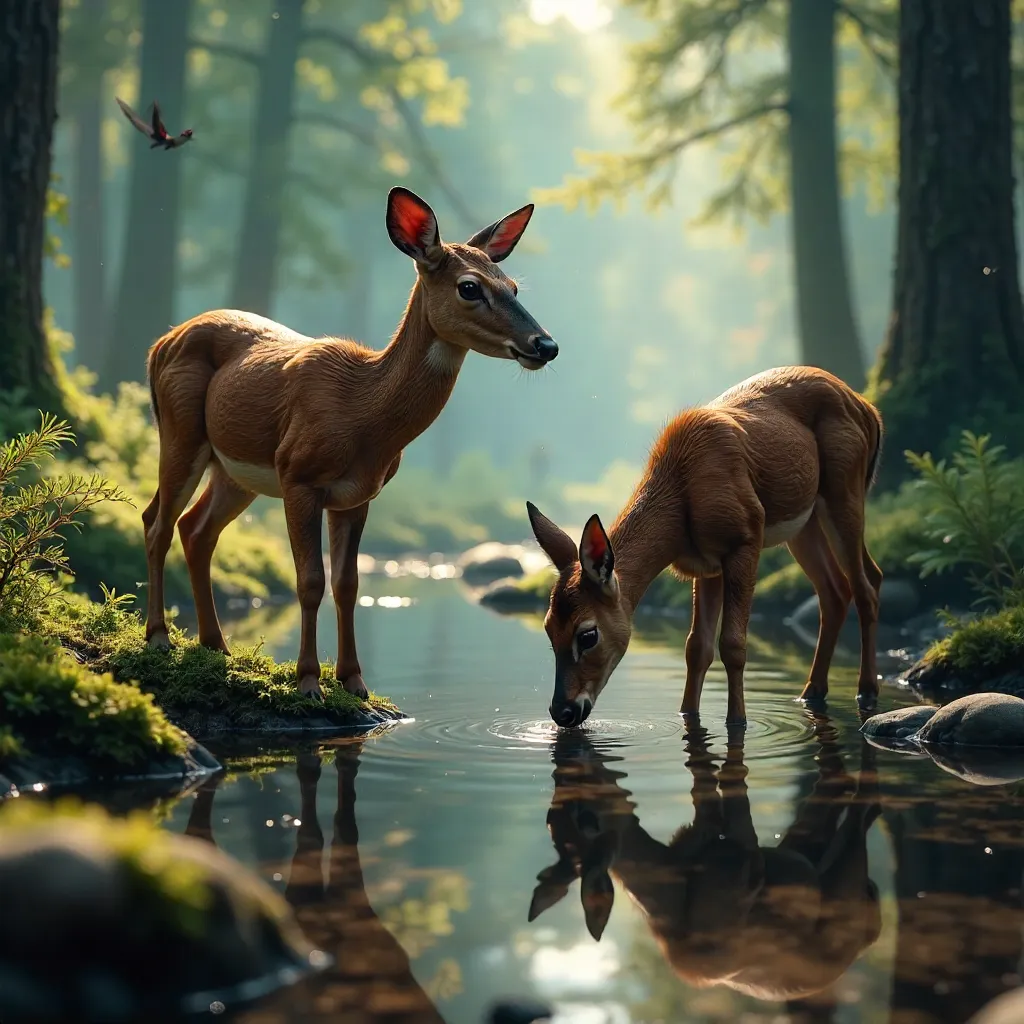 Two Deer Quenching Thirst at Forest Stream