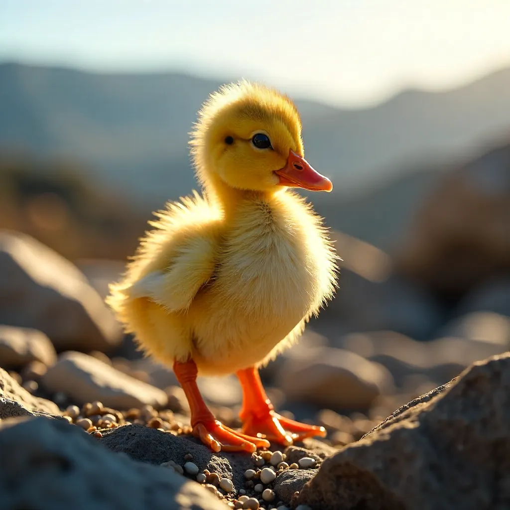 Golden Sunlit Duckling on Rocks in Bursa, Türkiye