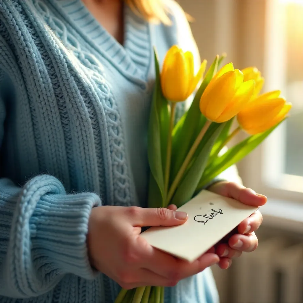 Cozy Blue Sweater with Tulips and a Letter