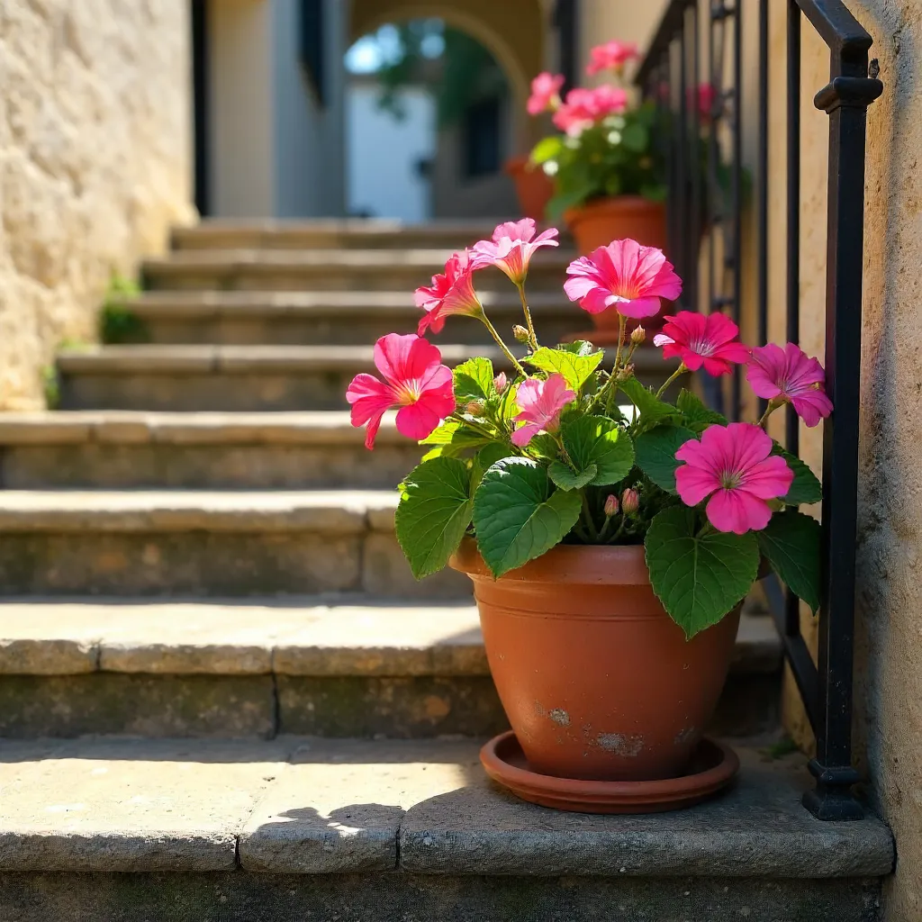 Blooming Pink Pelargoniums on Napoli Stone Stairs