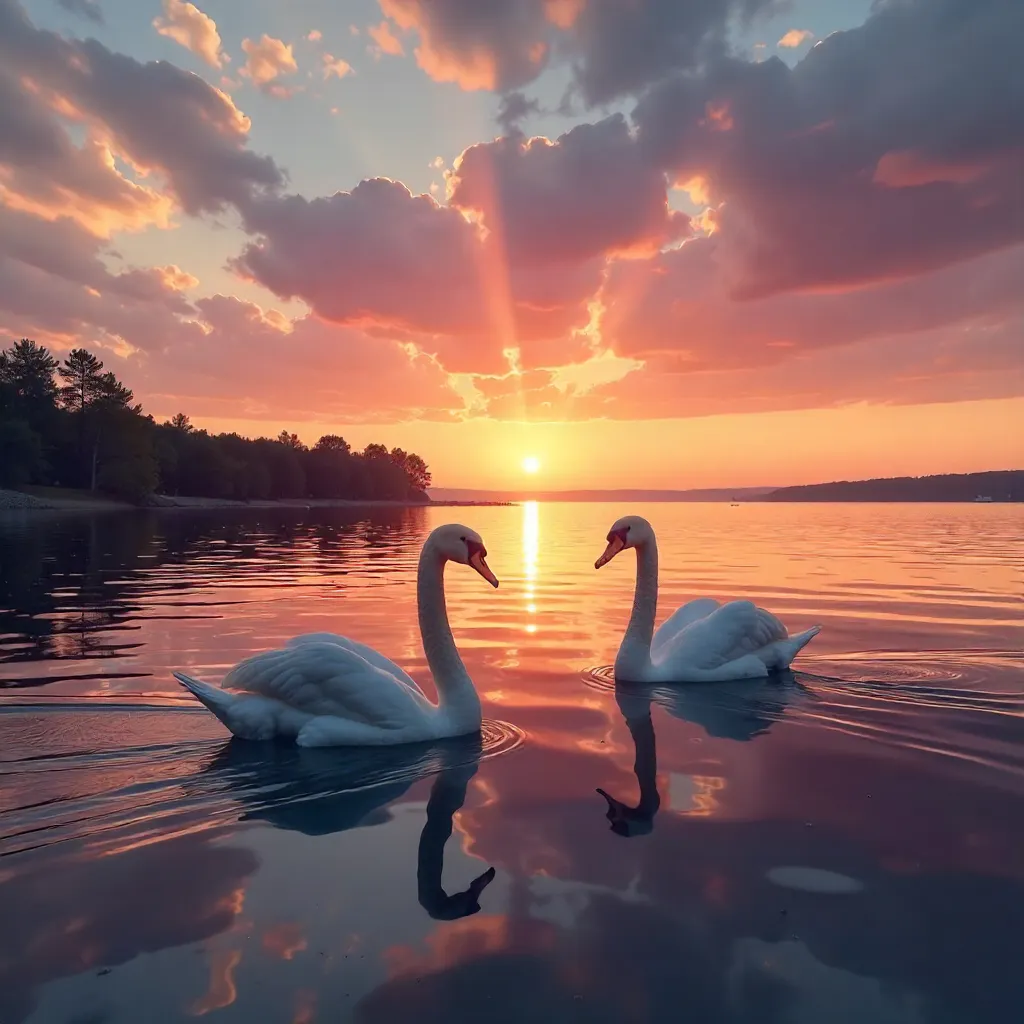 Serene Lake Ontario Sunset with Swans