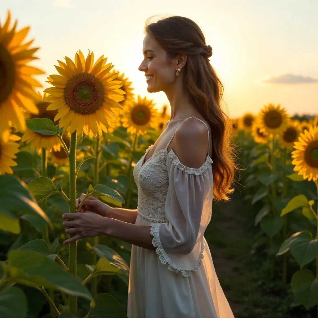 Sunlit Lace Dress Embrace Among Sunflowers