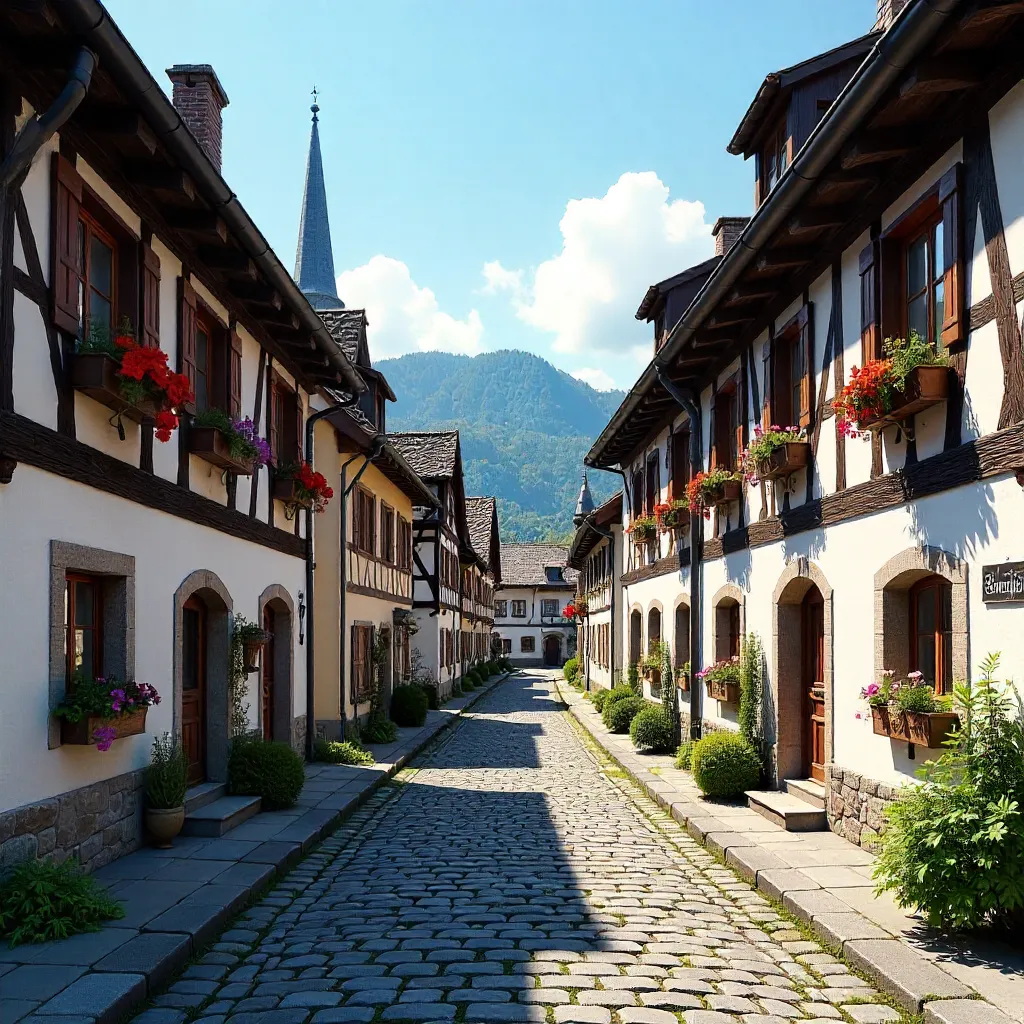 Sunny Day in a Charming Alsatian Half-Timbered Village