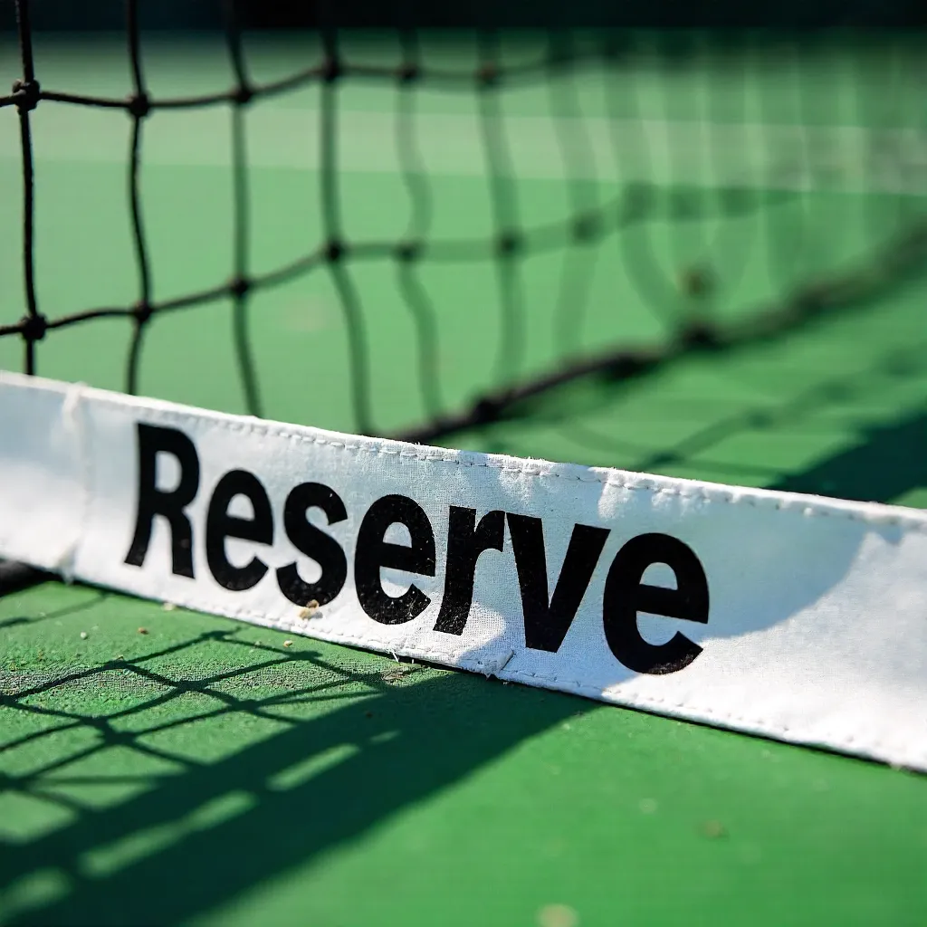 Close-Up Net with Reserve Text on Green Tennis Court