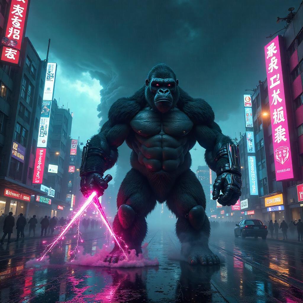Cyberpunk Gorilla in a Neon Tornado