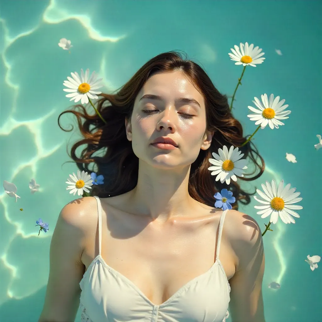 Floating Portrait Among Daisies and Blue Blooms