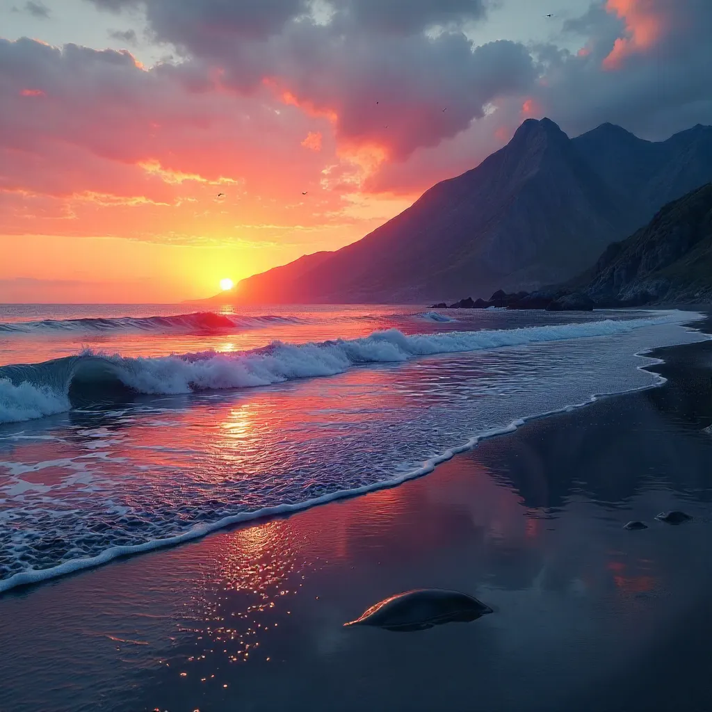 Sunset Serenity: Ocean Waves and Mountain Backdrop