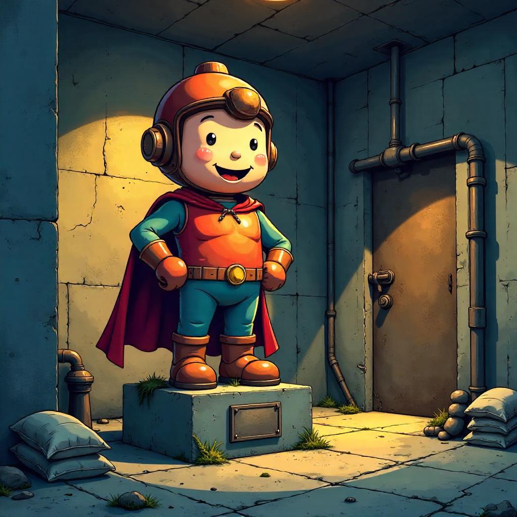 Cartoon Statue Guarding a Concrete Bunker