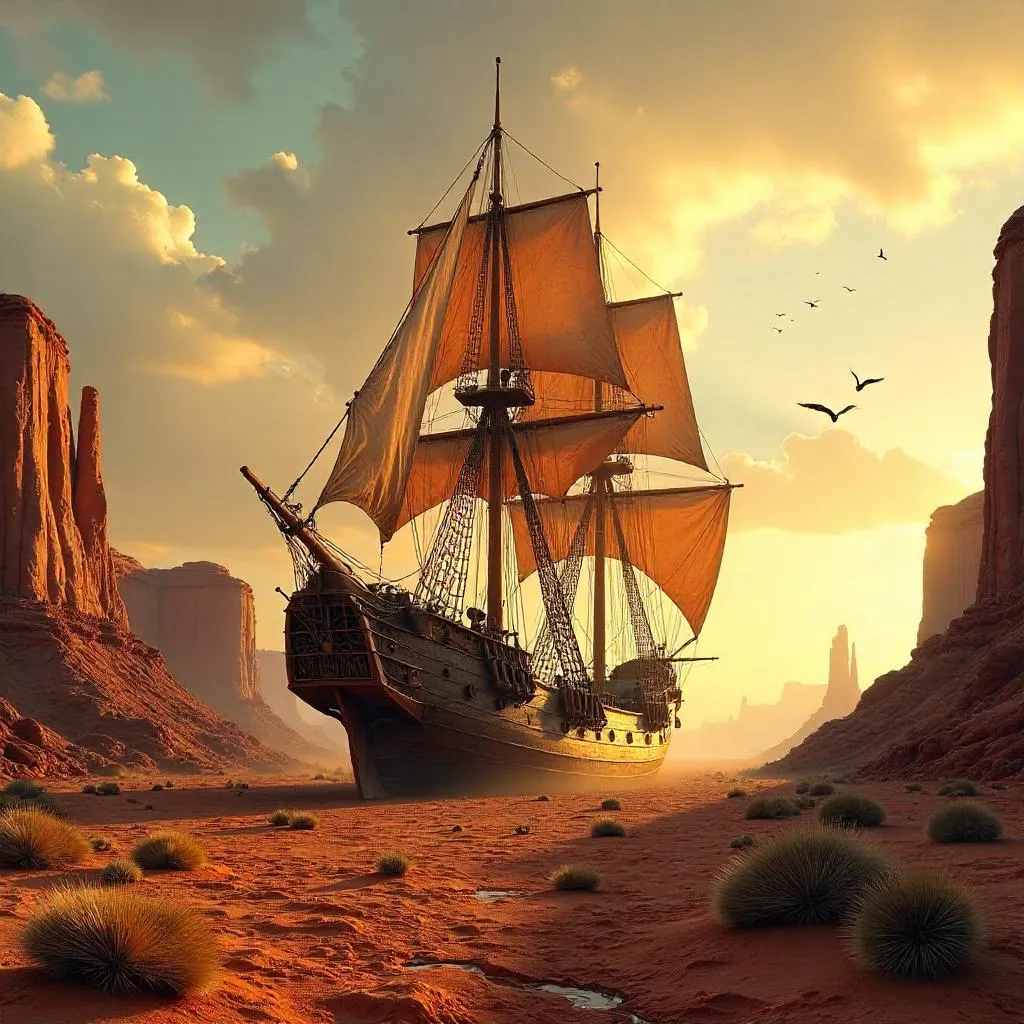 Photorealistic Sailing Ship in a Badlands Landscape