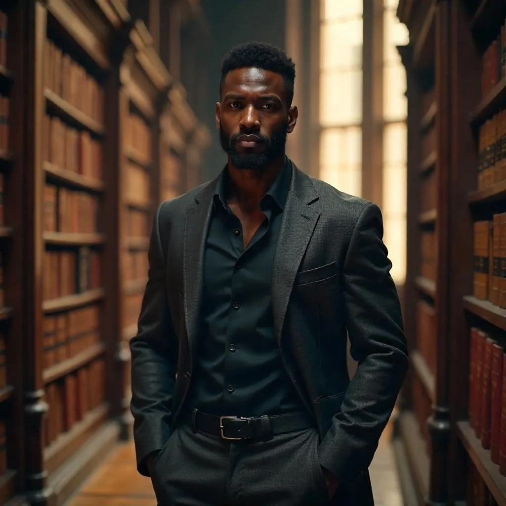 Strong Black Man in a Luminous Library