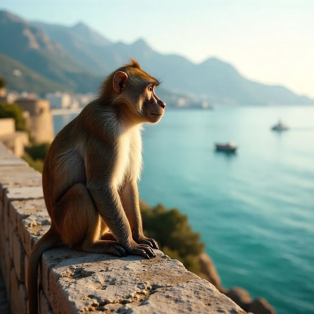Barbary Macaque on a Stone Wall Over Gibraltar Bay