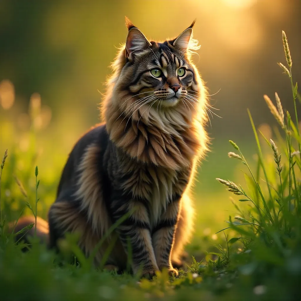 Elegant Maine Coon in Tall Grass at Golden Hour