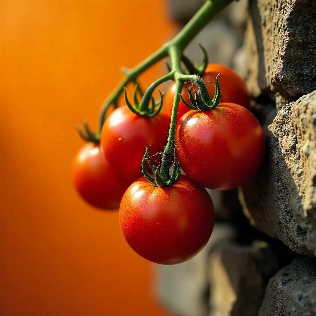 Ripe Tomatoes on Rustic Stone Wall with Orange Backdrop