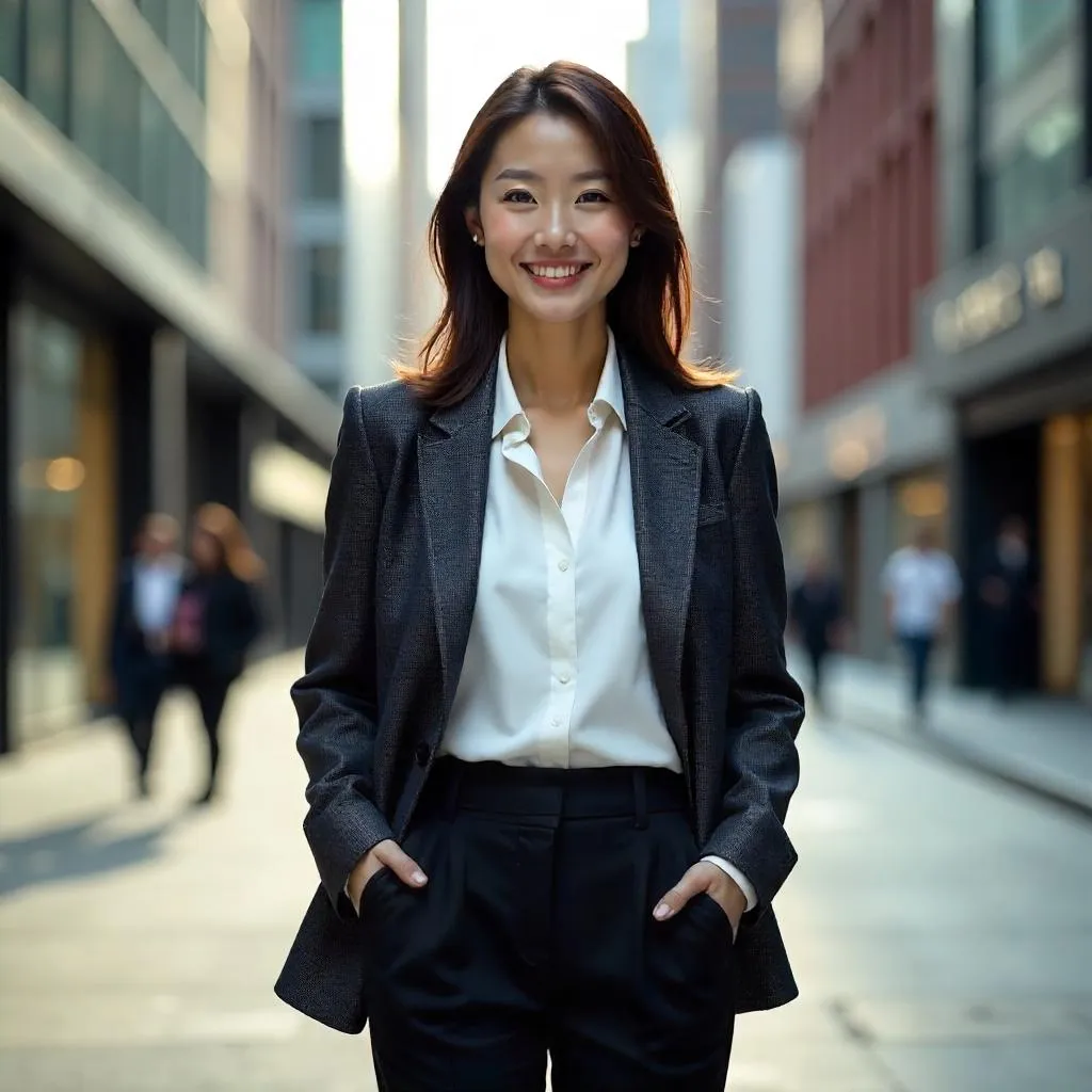 Confident Asian Woman in a Luminous Urban Street