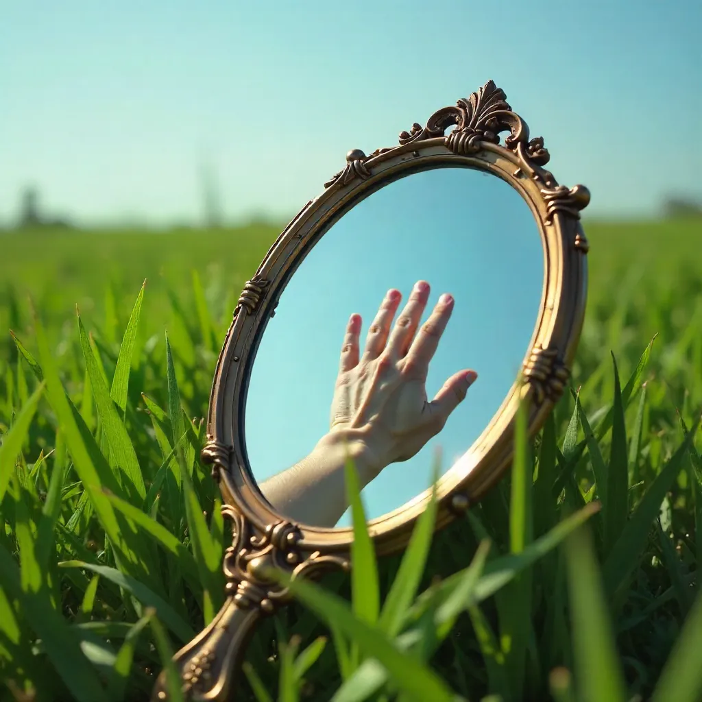 Mirror in Tall Grass: Hand Reaches Through Reflection